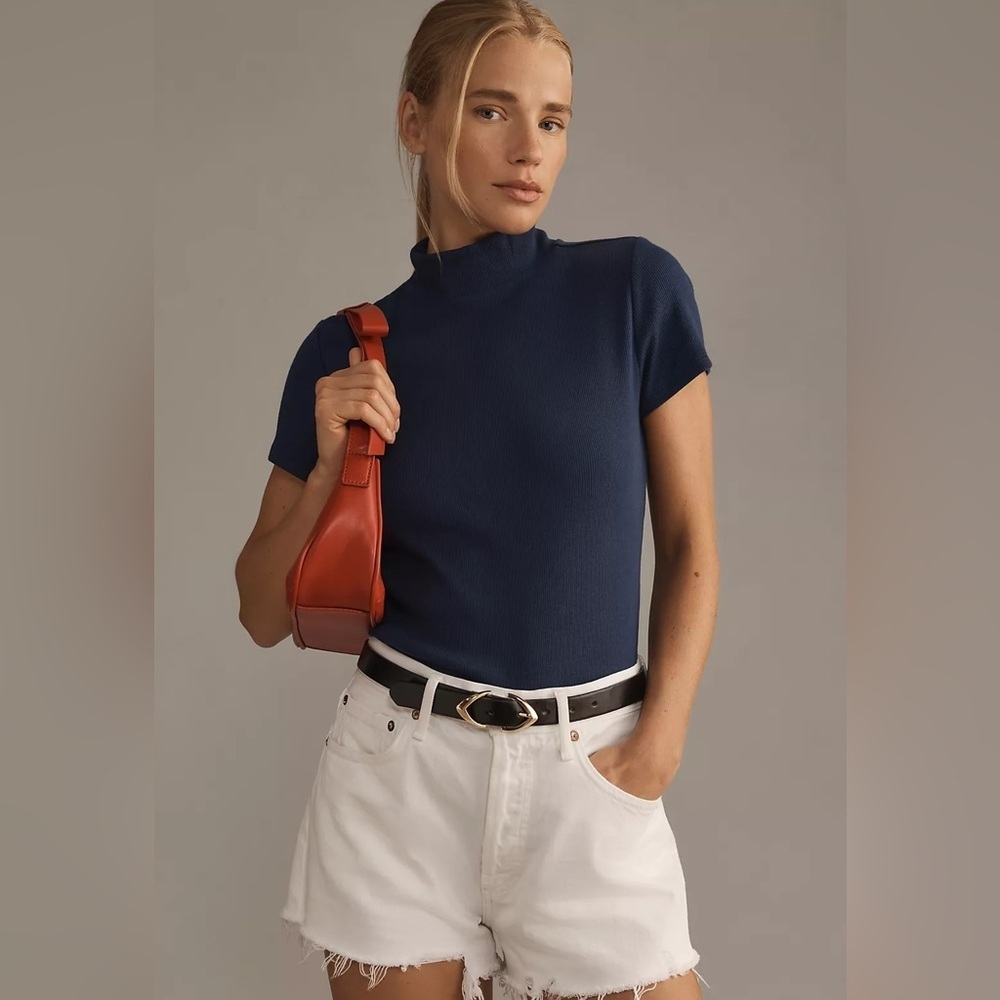 NWT! Anthropologie Maeve Navy Ribbed Mock-Neck Cropped T-Shirt - Size XXS 🐉